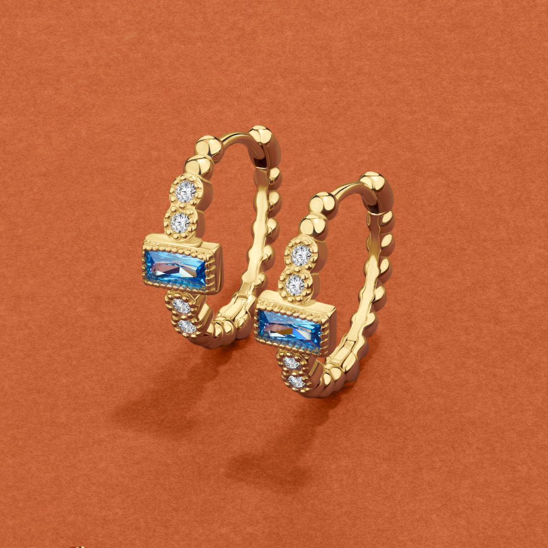 Blue Cubic Zirconia Huggie Hoop Earrings in 9ct Yellow Gold