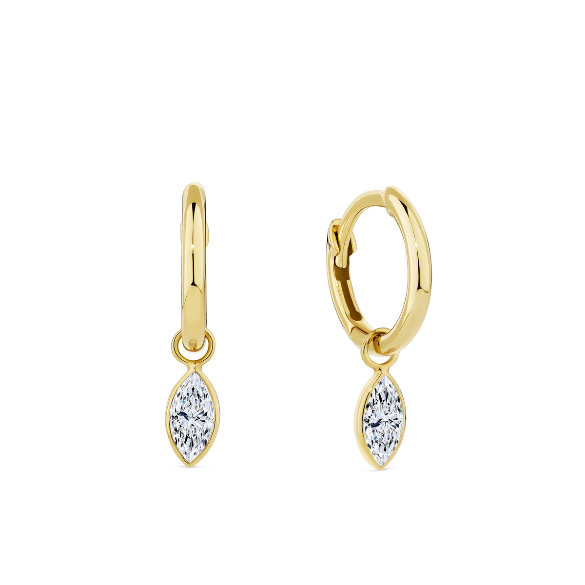 Front-on view of the Wallace Bishop Marquise Cubic Zirconia Bezel Drop Earrings in 9ct Yellow Gold, reference 68MQE02, with an 8mm huggie hoop. Each earring features a bezel-set marquise cut white cubic zirconia drop for an elongated, minimal look.