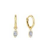 Front-on view of the Wallace Bishop Marquise Cubic Zirconia Bezel Drop Earrings in 9ct Yellow Gold, reference 68MQE02, with an 8mm huggie hoop. Each earring features a bezel-set marquise cut white cubic zirconia drop for an elongated, minimal look.