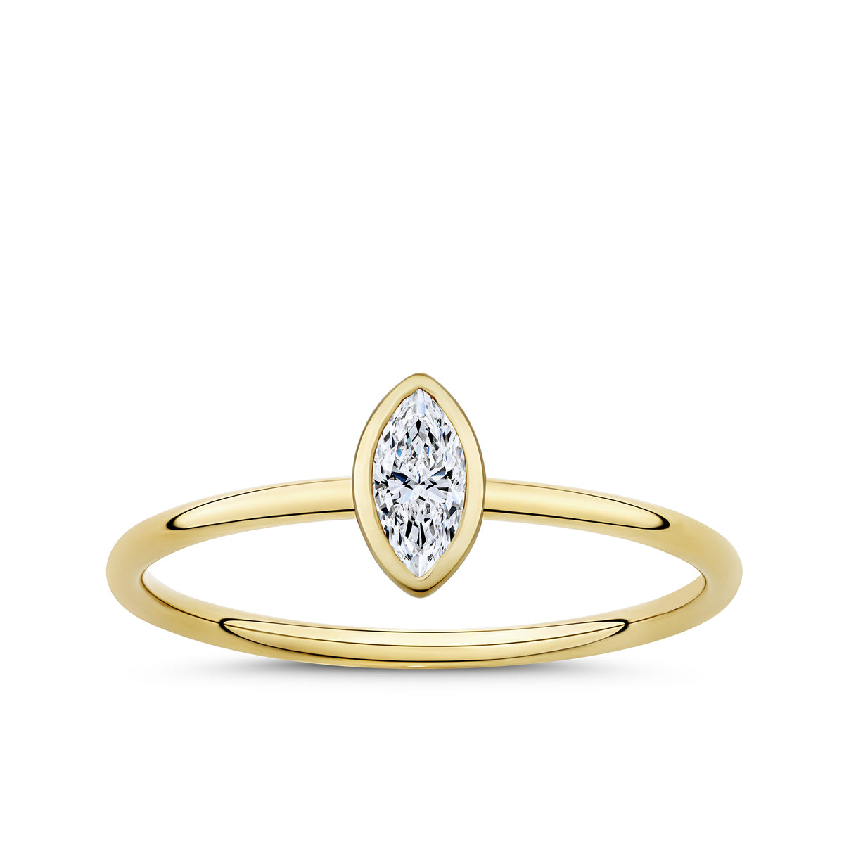 Front-on view of the Wallace Bishop Marquise Cubic Zirconia Ring in Polished Gold, reference 68MQR01, on a plain polished gold band. The ring features a bezel-set 6x3mm marquise cut white cubic zirconia for an elongated, minimal look.