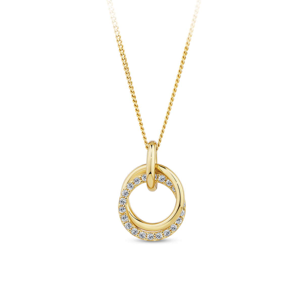 Front-on view of the Wallace Bishop Cubic Zirconia Circles Pendant in 9ct Yellow Gold, reference 68PCZ500, measuring 16.8mm by 11.25mm. The pendant features two interlocking circles, one in plain polished gold and one set with round cubic zirconias.