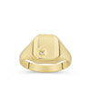 A gents square signet ring shown front on in polished 9ct yellow gold, with a small round cubic zirconia star set into the lower corner of the face.