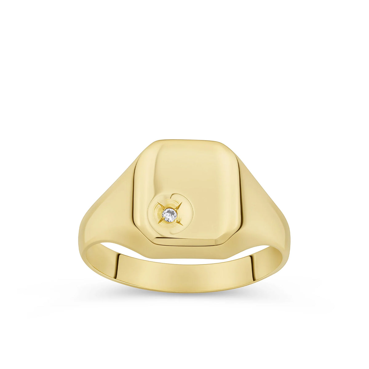 A gents square signet ring shown front on in polished 9ct yellow gold, with a small round cubic zirconia star set into the lower corner of the face.