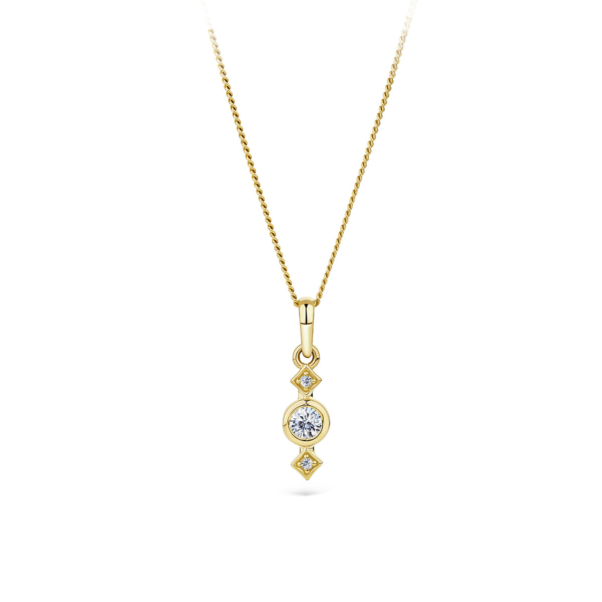 Front-on view of the Wallace Bishop Cubic Zirconia Trilogy Pendant in 9ct Yellow Gold, reference 68TRICZP02, hanging from a fine rope chain. The pendant features a bezel-set round cubic zirconia centre stone flanked by two smaller claw-set cubic zirconias, forming a trilogy design in yellow gold.