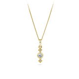Front-on view of the Wallace Bishop Cubic Zirconia Trilogy Pendant in 9ct Yellow Gold, reference 68TRICZP02, hanging from a fine rope chain. The pendant features a bezel-set round cubic zirconia centre stone flanked by two smaller claw-set cubic zirconias, forming a trilogy design in yellow gold.