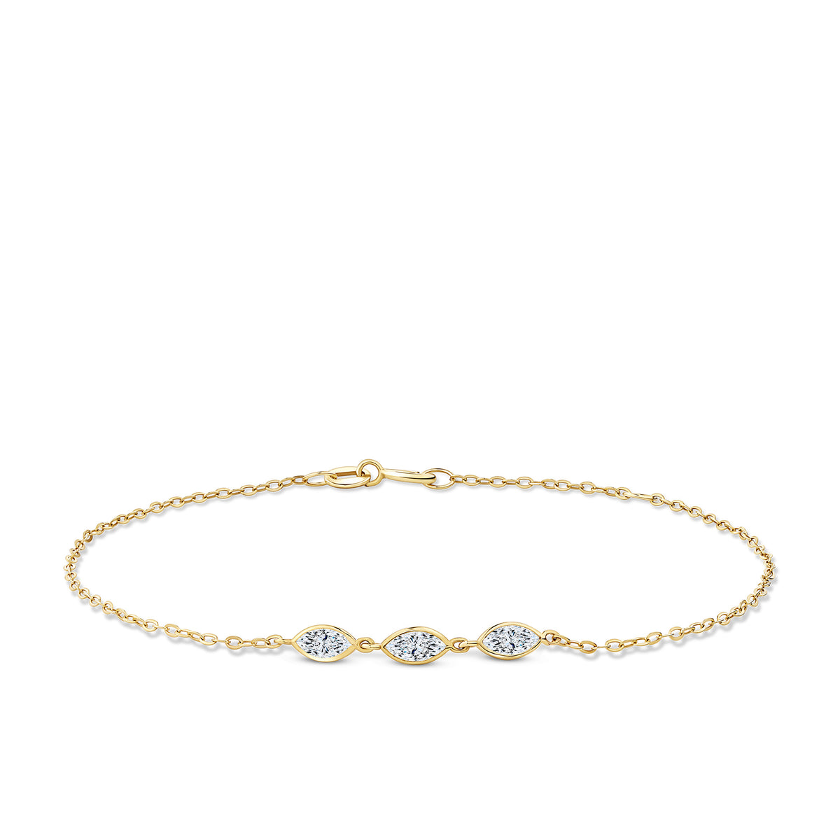 Front-on view of the Wallace Bishop Marquise Cubic Zirconia Bezel Bracelet in 9ct Yellow Gold, reference 68MQB01, on a fine gold chain with a bolt clasp. The bracelet features three bezel-set marquise cut white cubic zirconias for an elongated, minimal look.