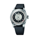 Oris Big Crown Pointer Date Bullseye 38mm watch with grey and black dial, red detailing and black leather strap, front view