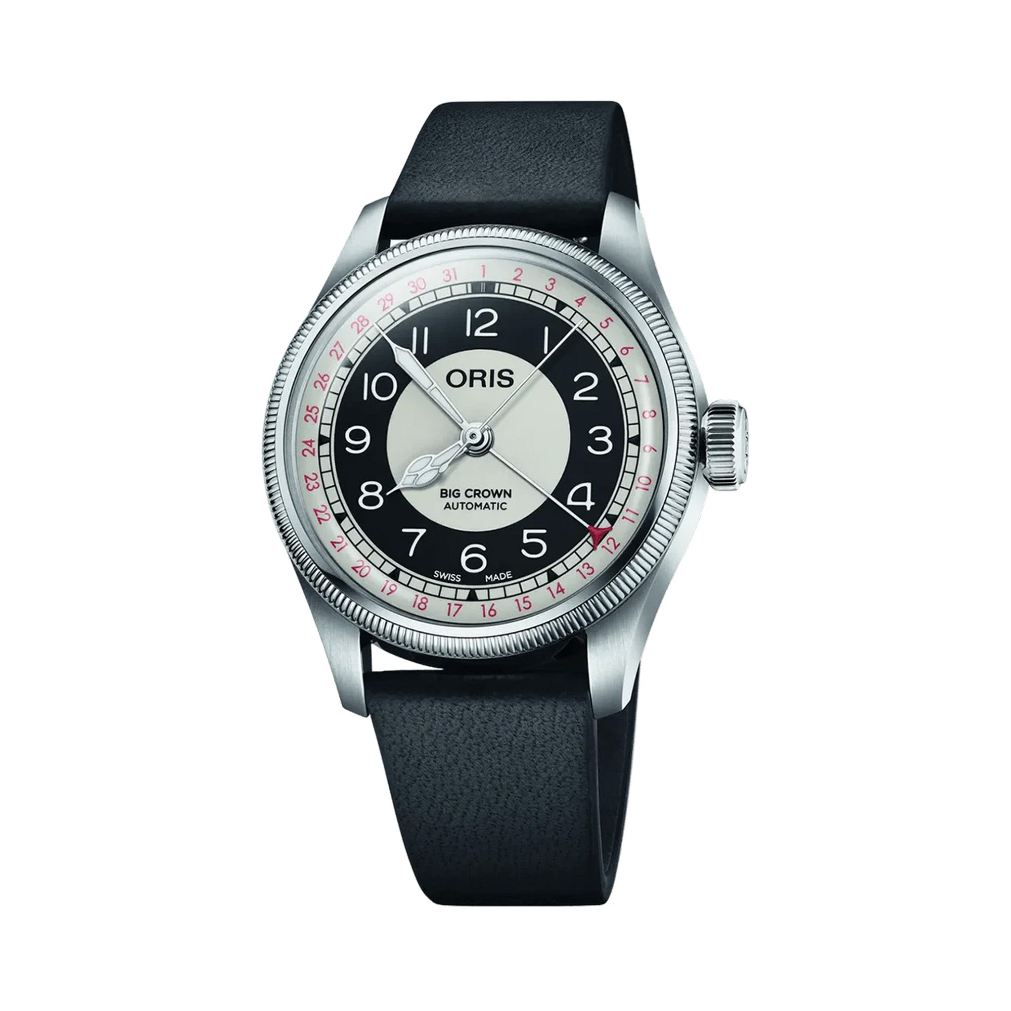 Oris Big Crown Pointer Date Bullseye 38mm watch with grey and black dial, red detailing and black leather strap, front view