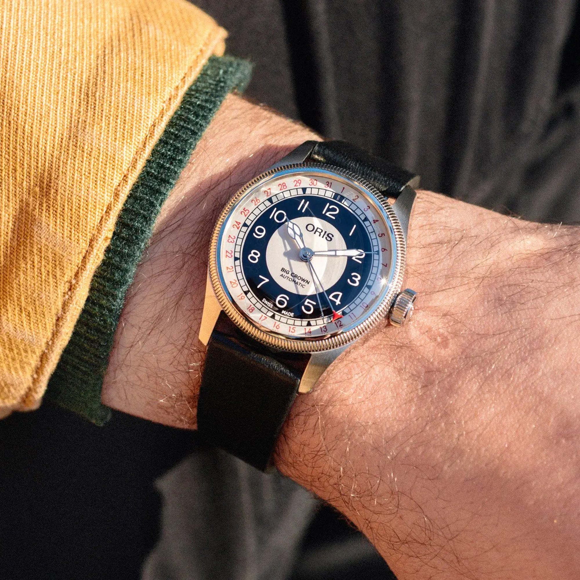 Oris Big Crown Pointer Date Bullseye 38mm watch worn on wrist, showcasing its vintage-inspired design and distinctive oversized crown