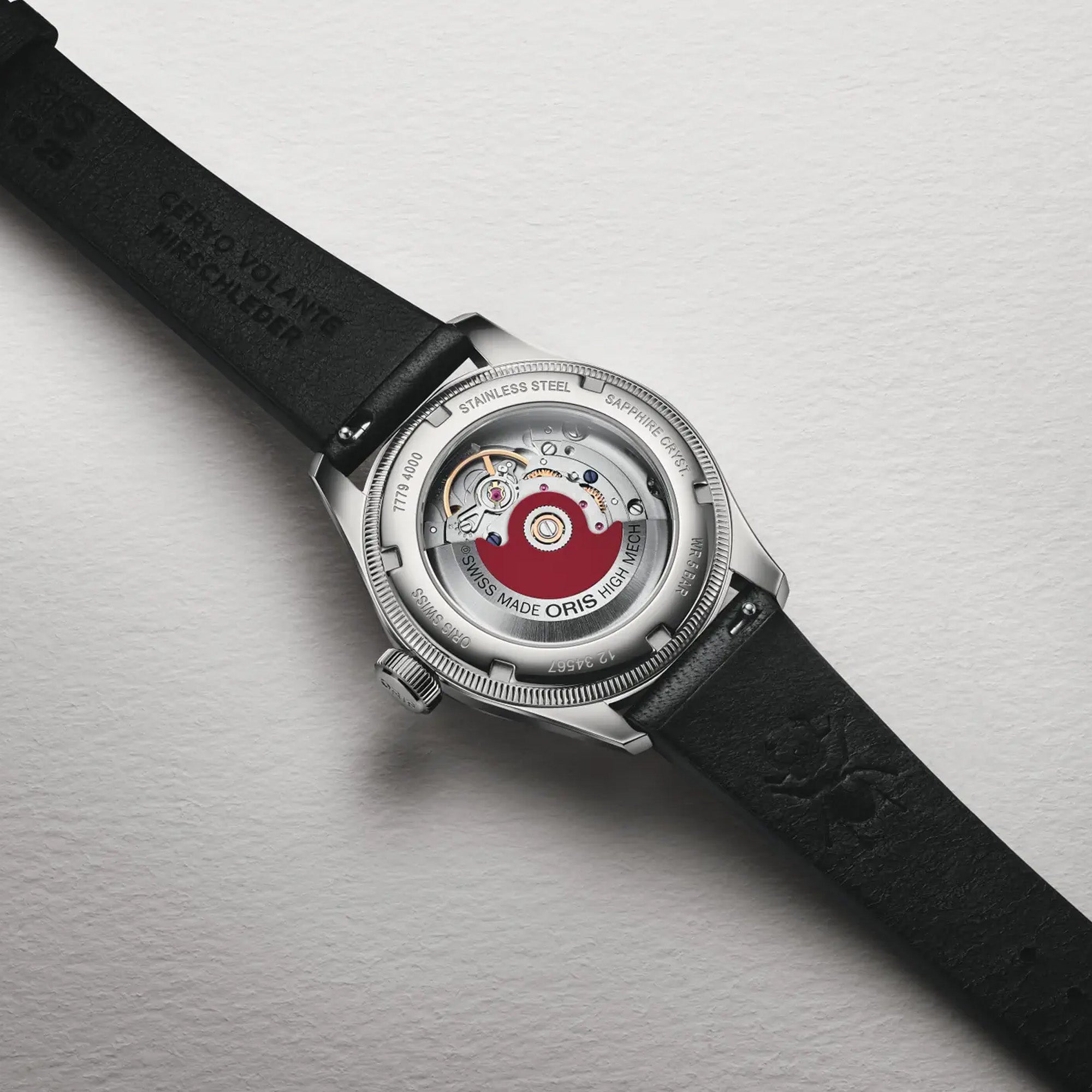 Oris Big Crown Pointer Date Bullseye 38mm stainless steel screwed case back with see-through mineral glass porthole revealing automatic movement