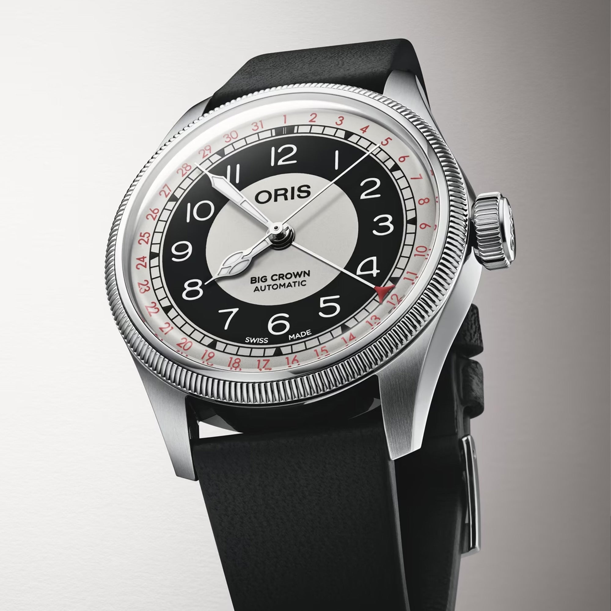 Oris Big Crown Pointer Date Bullseye 38mm watch with grey and black dial, red detailing and black leather strap, front view