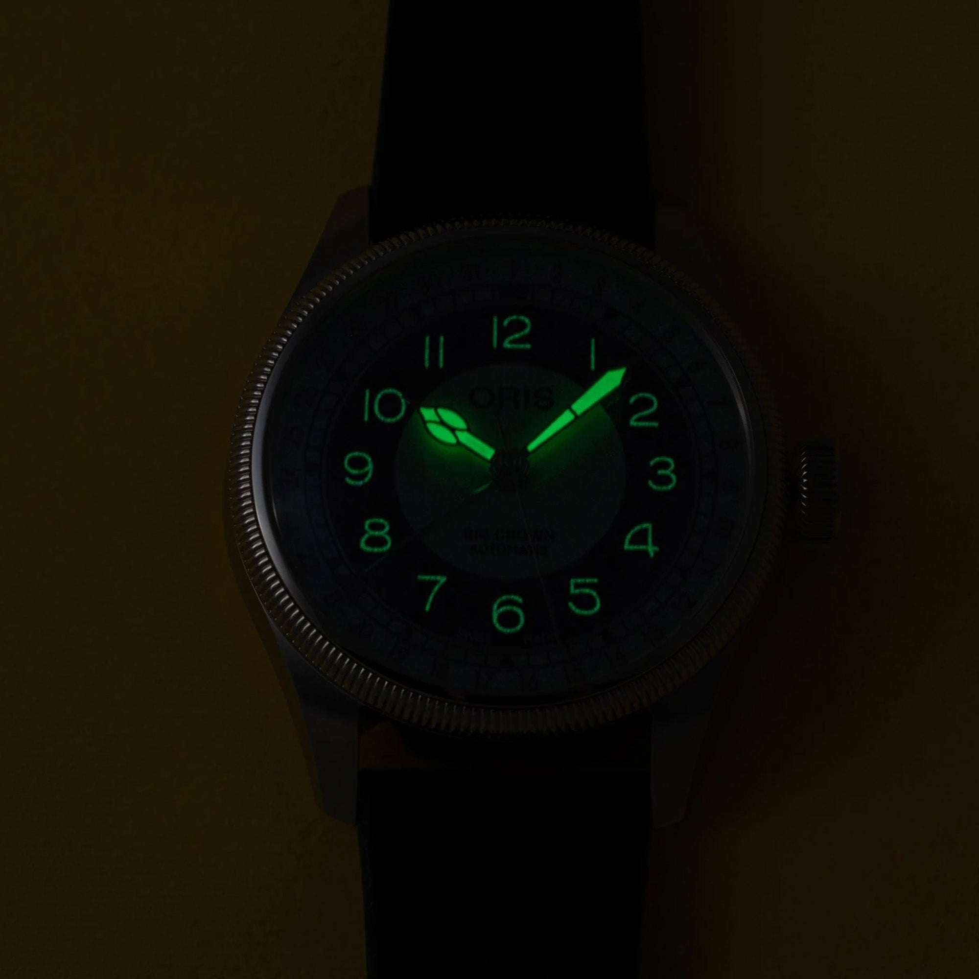 Detailed view of the Oris Big Crown Pointer Date 19mm black leather strap with luminous hands