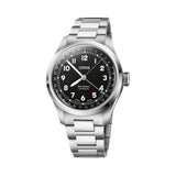 Oris Big Crown Pointer Date 40mm Automatic Watch 01 754 7798 4064-07 8 20 06 — The stainless steel case frames a bold black dial with large Arabic numerals, a railway-style minute track and a blue-tipped central pointer date hand. The H-link stainless steel bracelet is brushed and polished throughout.