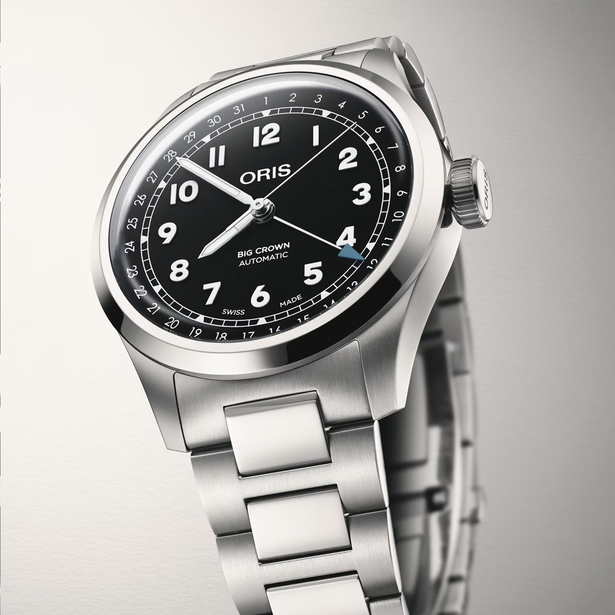 Oris Big Crown Pointer Date 40mm Automatic Watch 01 754 7798 4064-07 8 20 06 — The side profile reveals the 12mm case thickness and the characteristic oversized screw-down crown engraved with the Oris name. The domed sapphire crystal curves gently above the black dial.