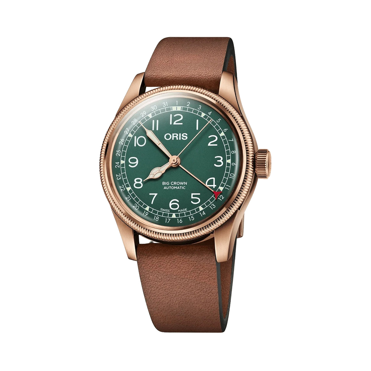 Front-on view of the Oris Big Crown Limited Edition Men's 40mm Bronze Automatic Watch 754 7741 3167LS, showing the round bronze case and green dial with Arabic numeral hour markers. The pointer date function circling the outer edge of the dial is clearly visible from this straight-on angle.