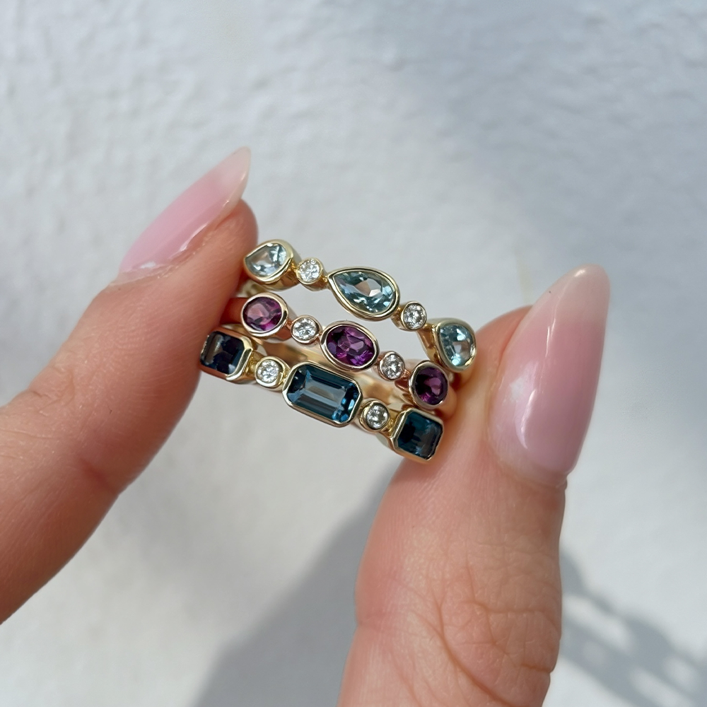 Aquamarine & Diamond Bezel Set Alternating Ring in 9ct Yellow Gold