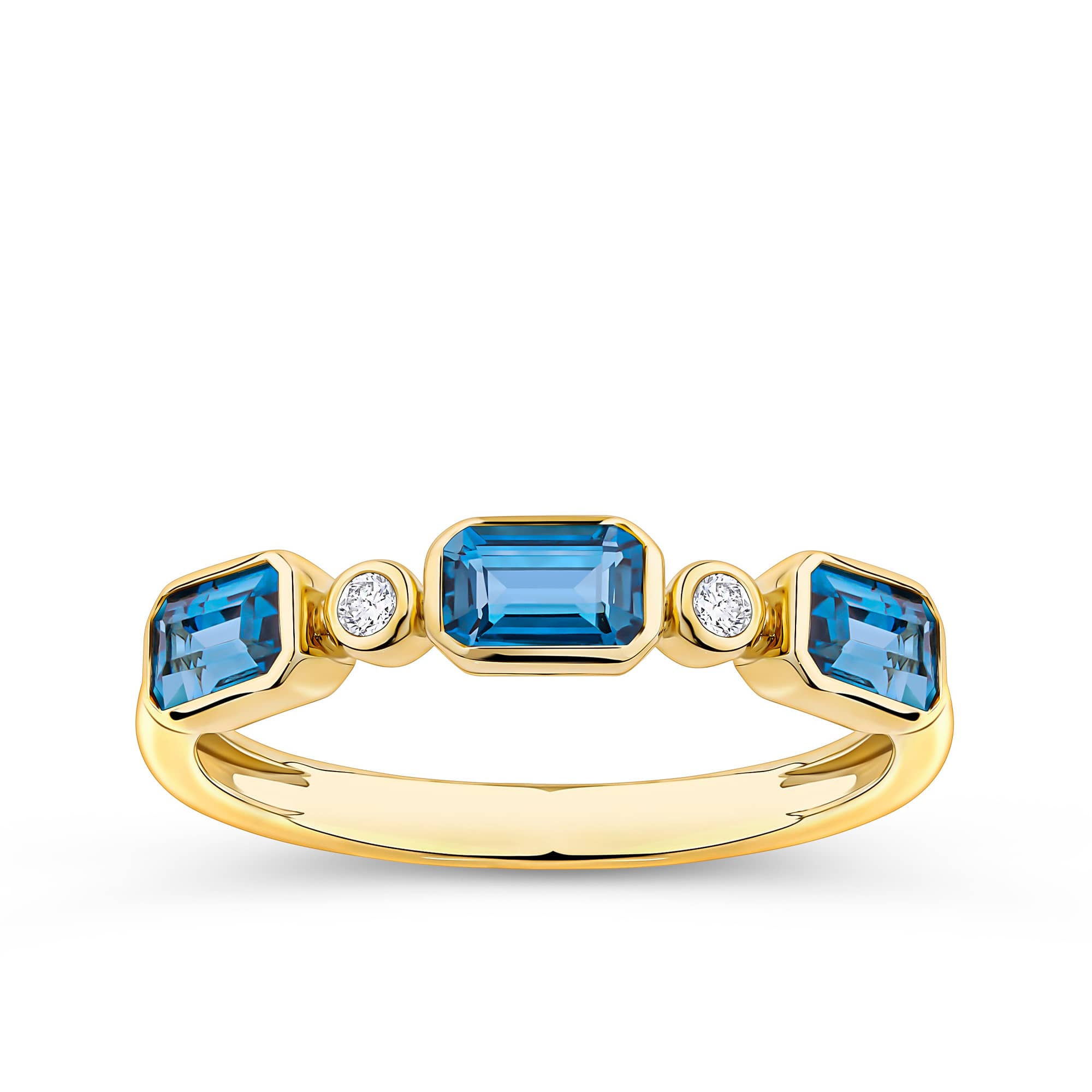 London Blue Topaz & Diamond Bezel Set Alternating Ring in 9ct Yellow Gold