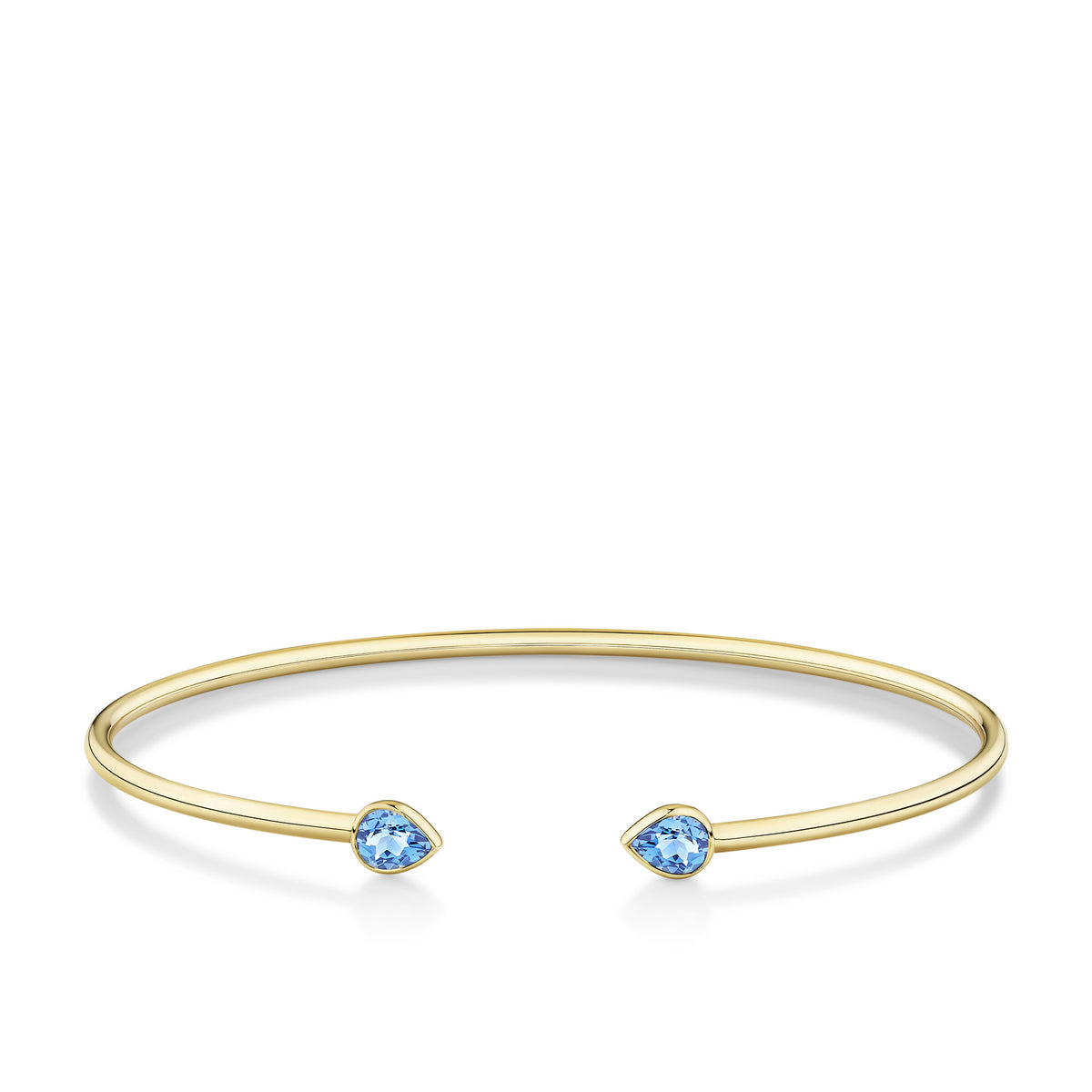 Front-on view of the Wallace Bishop London Blue Topaz Flexi Bangle in 9ct Yellow Gold, reference 93BGLTBY, a cuff-style bangle measuring 50mm by 60mm. The bangle features a bezel-set 5x4mm natural pear-cut London blue topaz on each side.