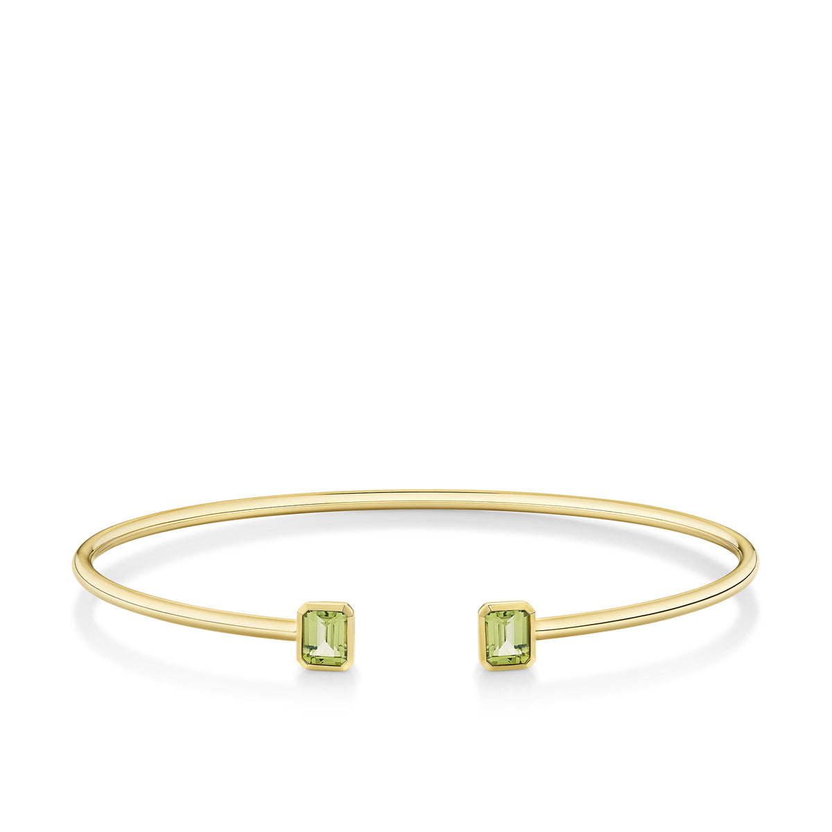Front-on view of the Wallace Bishop Peridot Flexi Bangle in 9ct Yellow Gold, reference 93BGPBY, a cuff-style bangle measuring 50mm by 60mm. The bangle features a bezel-set 5x4mm natural emerald cut peridot on each side.