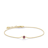 Front-on view of the Wallace Bishop Rhodolite Garnet Bezel Bracelet in 9ct Yellow Gold, reference 93BLRDL3Y, on a fine cable chain with a parrot clasp. The bracelet features a single bezel-set 3mm round brilliant cut rhodolite garnet and adjusts from 170mm to 190mm.