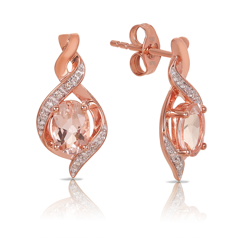 Oval Cut Morganite and Diamond Earrings in 9ct Rose Gold