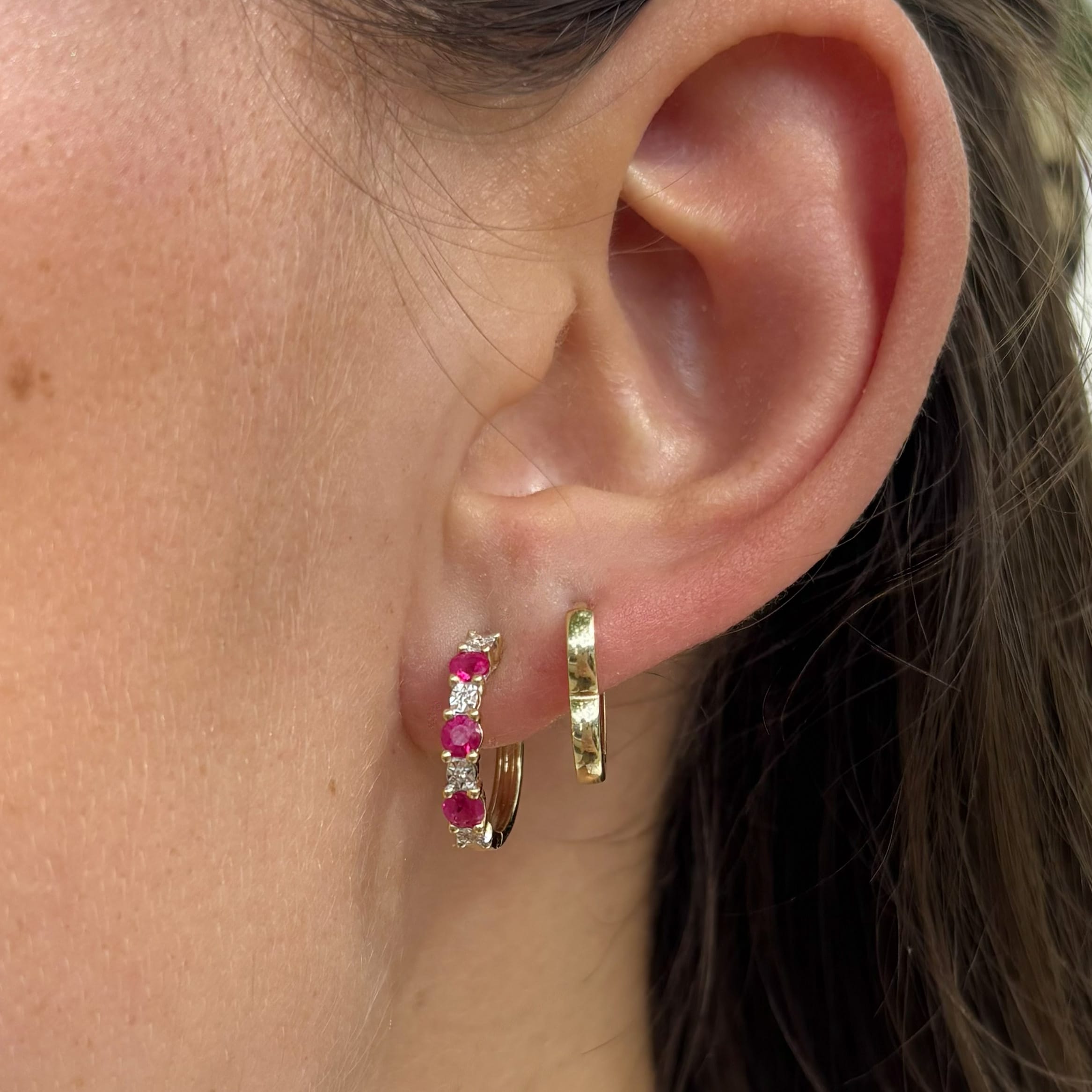 Ruby & Diamond Huggie Hoop Earrings in 9ct Yellow Gold