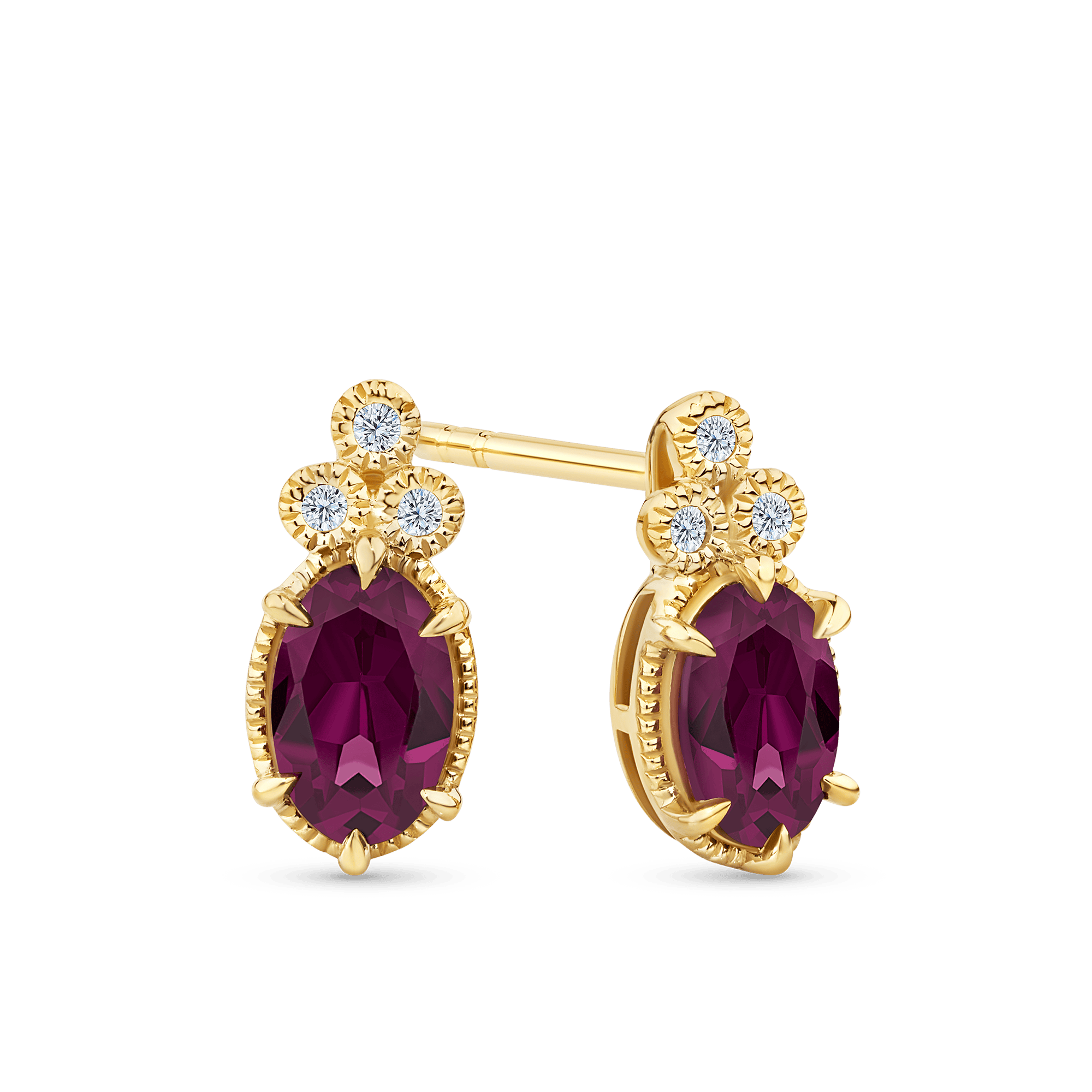 Rhodolite Garnet & Diamond Stud Earrings in 9ct Yellow Gold