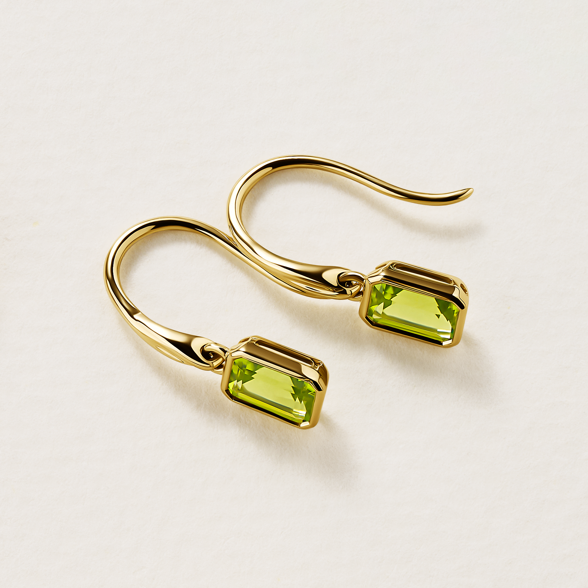 Emerald Cut Peridot Twist Bezel Set Drop Earrings in 9ct Yellow Gold