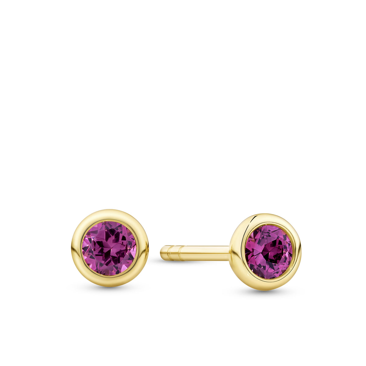 Front-on view of the Wallace Bishop Rhodolite Garnet Bezel Stud Earrings in 9ct Yellow Gold, reference 93ERRDL3Y, secured with butterfly backs. Each earring features a natural 3mm round rhodolite garnet in a bezel setting.