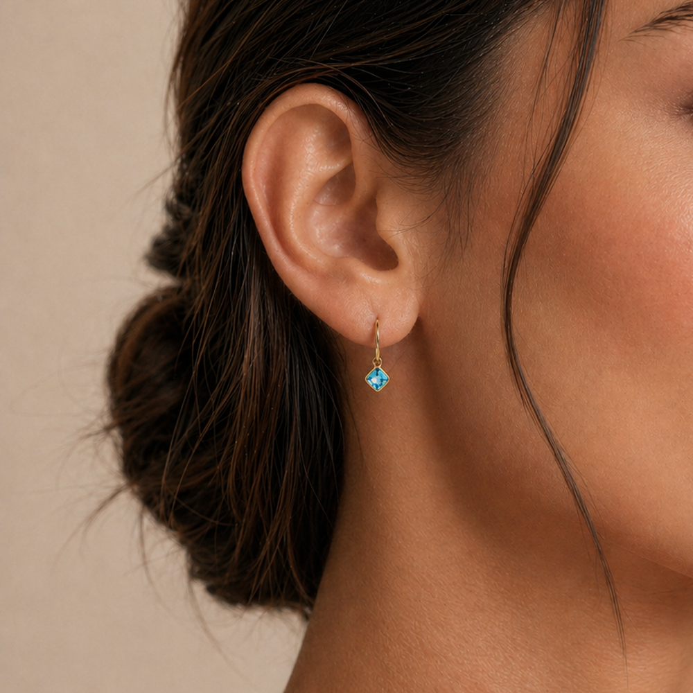 Cushion Cut Swiss Blue Topaz Twist Bezel Set Drop Earrings in 9ct Yellow Gold