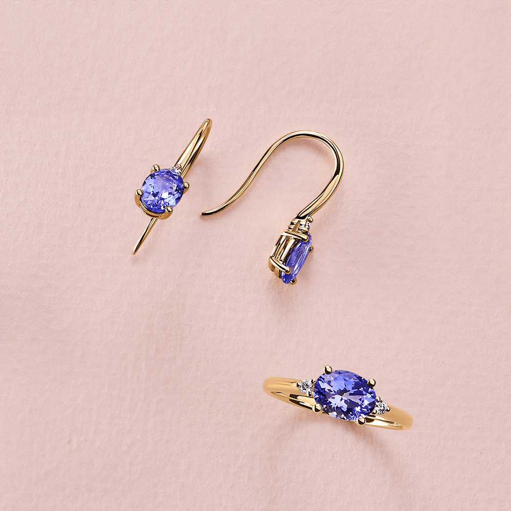 Tanzanite & Diamond Drop Earrings in 9ct Yellow Gold - with matching ring