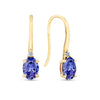 A pair of 9ct yellow gold shepherd's hook drop earrings shown front on, featuring a 7x5mm oval cut natural tanzanite gemstone paired with two smaller round natural diamonds. Measuring 20mm in length.