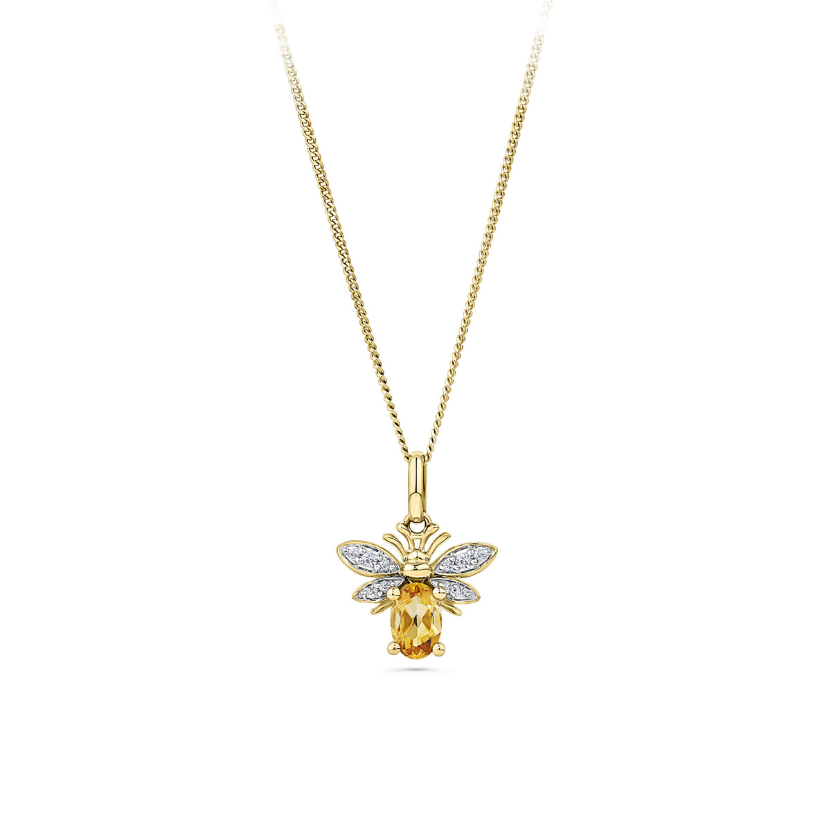 Front-on view of the Wallace Bishop 0.04 TDW Round Citrine & Diamond Bee Pendant in 9ct Yellow Gold, reference 93PCBEE9Y. The pendant features a round natural citrine as the bee's body, accented by round brilliant cut natural diamonds along the wings.