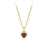 Front-on view of the Wallace Bishop Heart Rhodolite Garnet Double Bezel Pendant in 9ct Yellow Gold, reference 93PDHTRH1Y, measuring 12.25mm in length and 7.45mm in width. The pendant features a natural 5mm heart-cut rhodolite garnet in a double bezel setting.