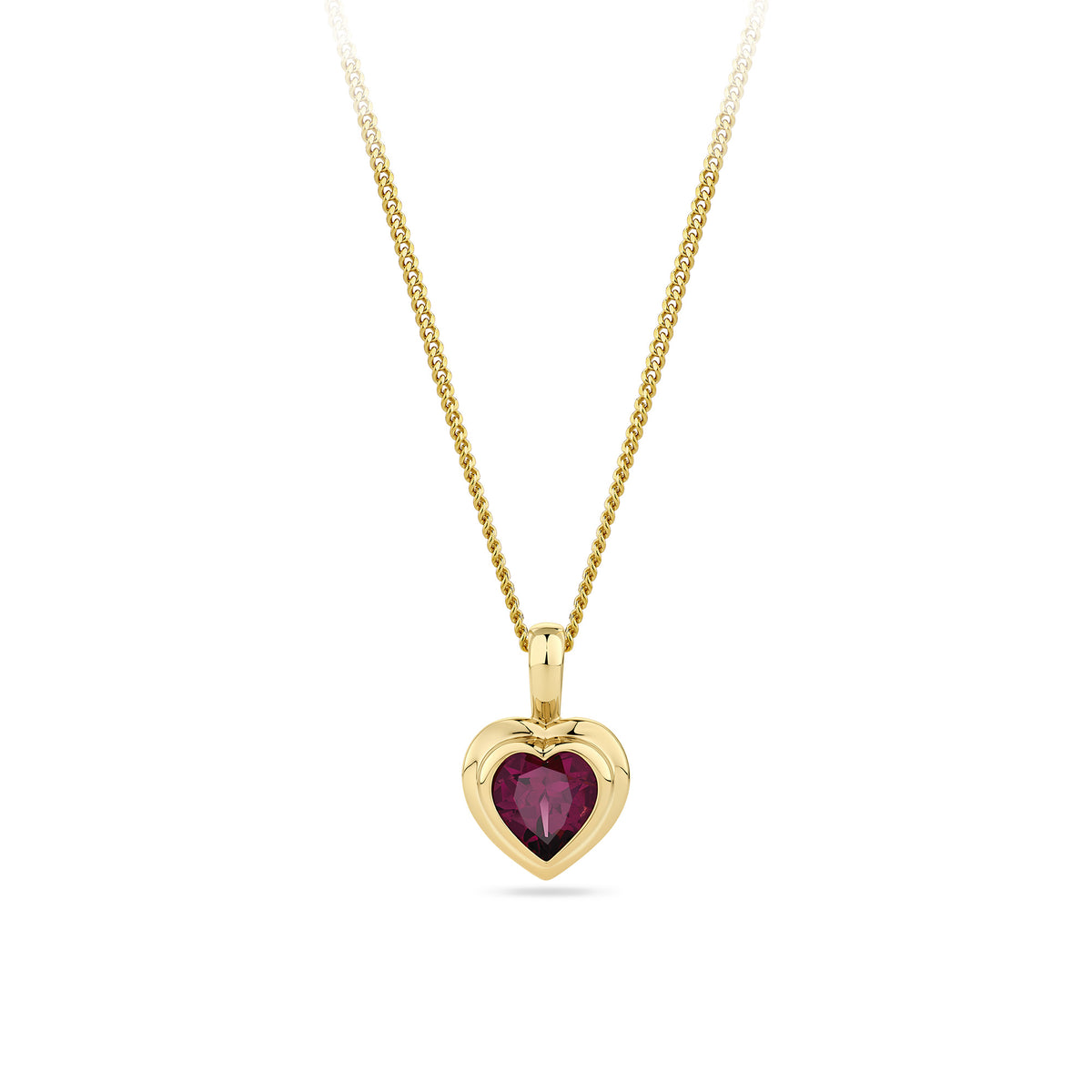 Front-on view of the Wallace Bishop Heart Rhodolite Garnet Double Bezel Pendant in 9ct Yellow Gold, reference 93PDHTRH1Y, measuring 12.25mm in length and 7.45mm in width. The pendant features a natural 5mm heart-cut rhodolite garnet in a double bezel setting.