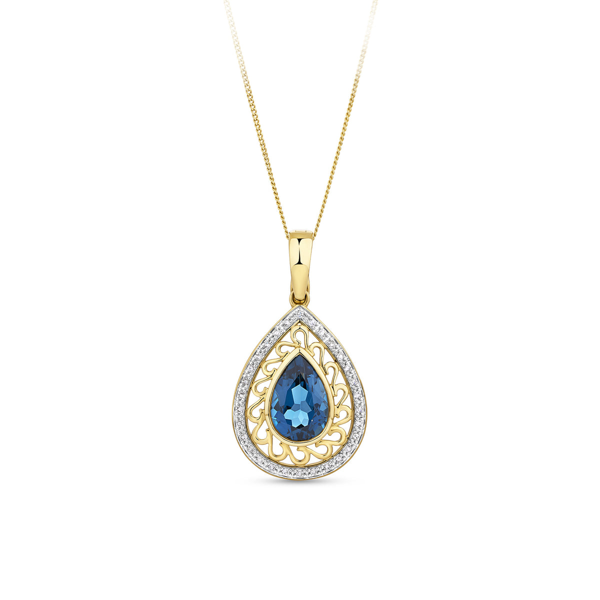 Front-on view of the Wallace Bishop 0.15 TDW Topaz & Diamond Bezel Pendant in 9ct Yellow Gold, reference 93PDLBT015Y, measuring 34mm in length including the bale. The filigree-style pendant features a bezel-set 12x8mm pear-cut blue topaz surrounded by a border of natural round diamonds.