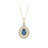 Front-on view of the Wallace Bishop 0.15 TDW Topaz & Diamond Bezel Pendant in 9ct Yellow Gold, reference 93PDLBT015Y, measuring 34mm in length including the bale. The filigree-style pendant features a bezel-set 12x8mm pear-cut blue topaz surrounded by a border of natural round diamonds.