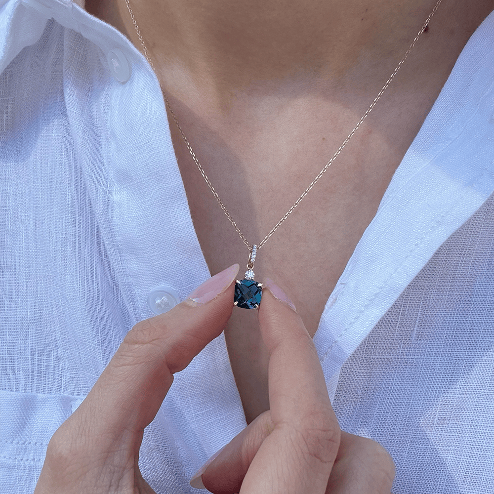 London Blue Topaz & Diamond Checkerboard Pendant in 9ct Yellow Gold