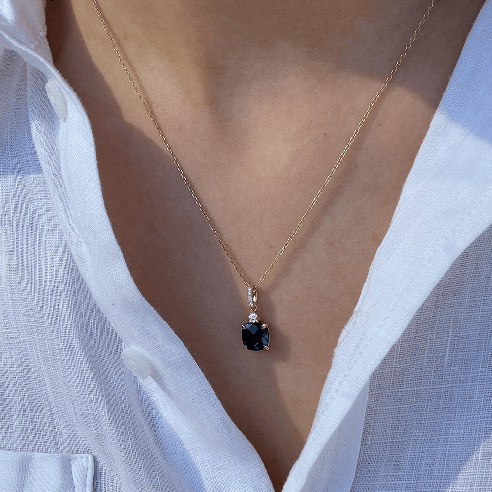 London Blue Topaz & Diamond Checkerboard Pendant in 9ct Yellow Gold