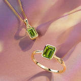 Emerald Cut Peridot Twist Bezel Set Ring in 9ct Yellow Gold