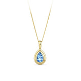 Front-on view of the Wallace Bishop Pear-Cut Swiss Blue Topaz Double Bezel Pendant in 9ct Yellow Gold, reference 93PDPSST1Y, measuring 14.05mm in length and 6.9mm in width. The pendant features a natural 6x4mm pear-cut Swiss blue topaz in a double bezel setting.