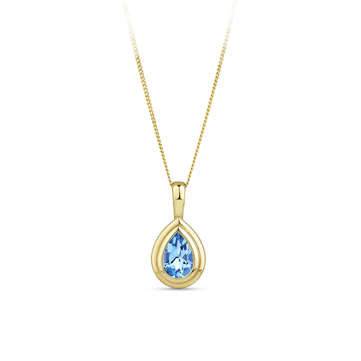 Front-on view of the Wallace Bishop Pear-Cut Swiss Blue Topaz Double Bezel Pendant in 9ct Yellow Gold, reference 93PDPSST1Y, measuring 14.05mm in length and 6.9mm in width. The pendant features a natural 6x4mm pear-cut Swiss blue topaz in a double bezel setting.
