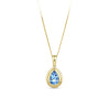 Front-on view of the Wallace Bishop Pear-Cut Swiss Blue Topaz Double Bezel Pendant in 9ct Yellow Gold, reference 93PDPSST1Y, measuring 14.05mm in length and 6.9mm in width. The pendant features a natural 6x4mm pear-cut Swiss blue topaz in a double bezel setting.