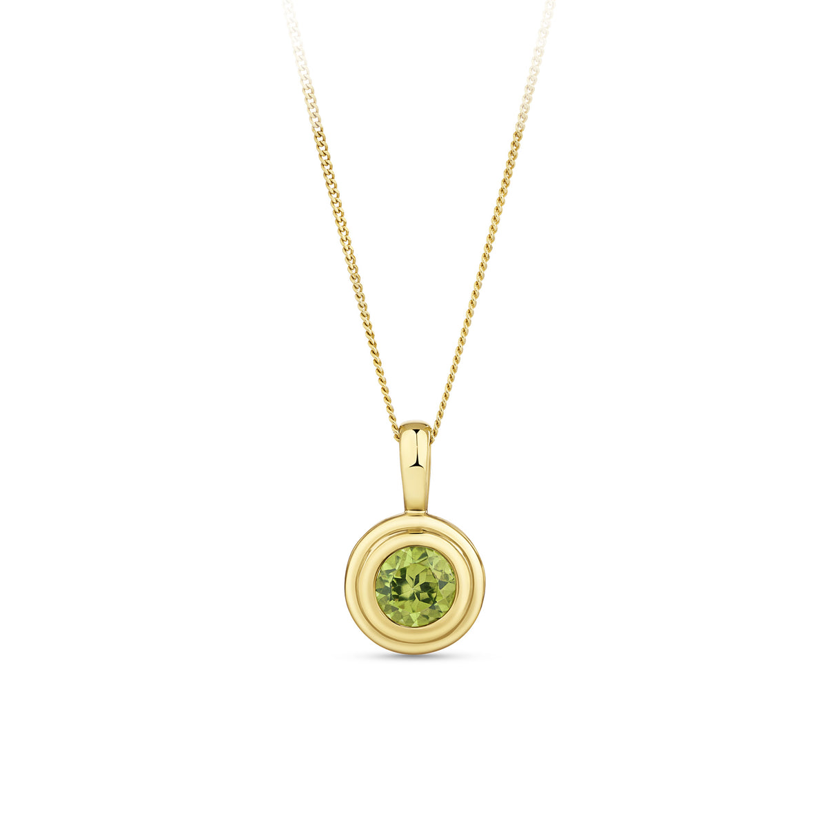 Front-on view of the Wallace Bishop Round Peridot Double Bezel Pendant in 9ct Yellow Gold, reference 93PDRDPE1Y, measuring 12.15mm by 7.45mm. The polished gold pendant features a natural 4.5mm round peridot in a double bezel setting.