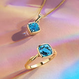 Cushion Cut Swiss Blue Topaz Twist Bezel Set Ring in 9ct Yellow Gold