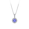 Front-on view of the Wallace Bishop Bluebird 0.23 TDW Round Tanzanite & Diamond Halo Pendant in 9ct White Gold, reference 93PDTZ02W, measuring 14.35mm in length and diameter. The pendant features a 5mm round tanzanite surrounded by a halo of natural round diamonds, with more diamonds set into the bale.