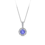 Front-on view of the Wallace Bishop Bluebird 0.23 TDW Round Tanzanite & Diamond Halo Pendant in 9ct White Gold, reference 93PDTZ02W, measuring 14.35mm in length and diameter. The pendant features a 5mm round tanzanite surrounded by a halo of natural round diamonds, with more diamonds set into the bale.