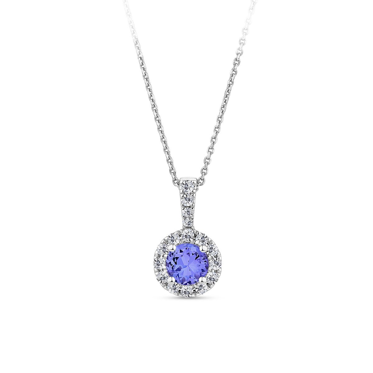 Front-on view of the Wallace Bishop Bluebird 0.23 TDW Round Tanzanite & Diamond Halo Pendant in 9ct White Gold, reference 93PDTZ02W, measuring 14.35mm in length and diameter. The pendant features a 5mm round tanzanite surrounded by a halo of natural round diamonds, with more diamonds set into the bale.