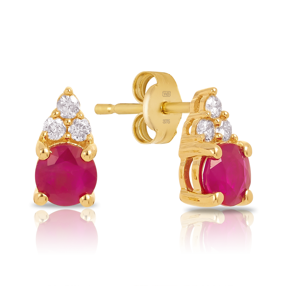 Ruby & Diamond Stud Earrings in 9ct Yellow Gold