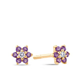 Amethyst & Diamond Floral Stud Earrings in 9ct Yellow Gold